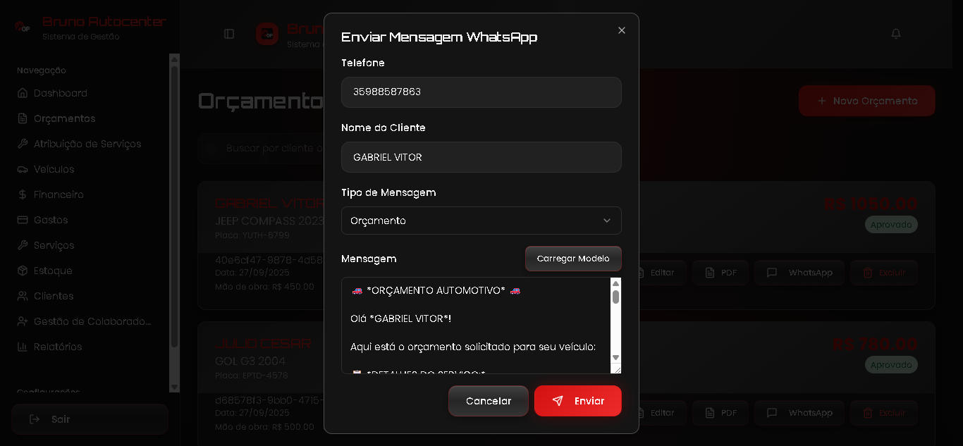 Interface de envio de mensagens WhatsApp